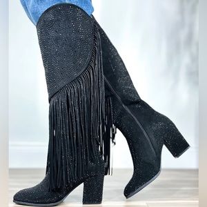 Pierre Dumas Rhinestone Fringe Boots for Women Western Cowboy Boots Knee High